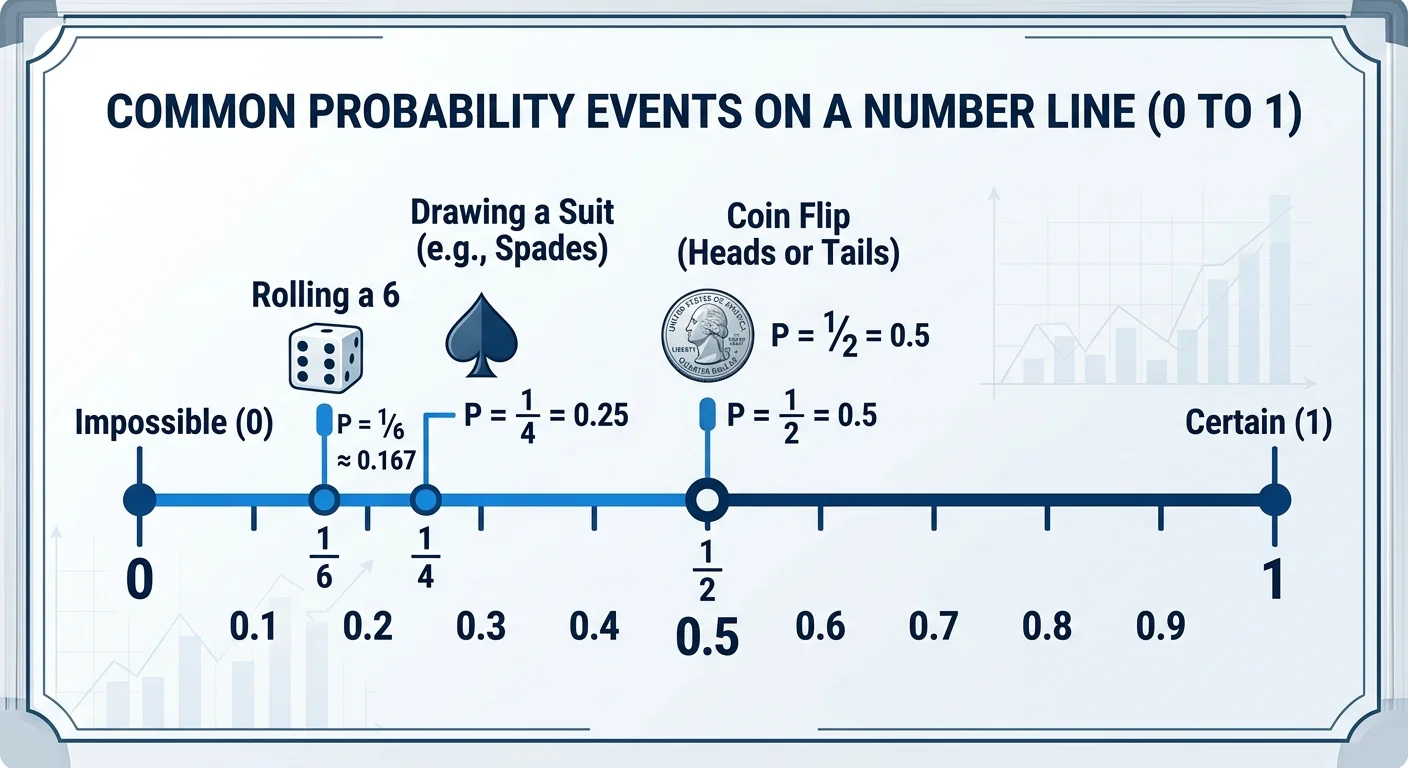 Probability scale from 0 to 1 with labeled examples of coin flip, dice roll, and card draw