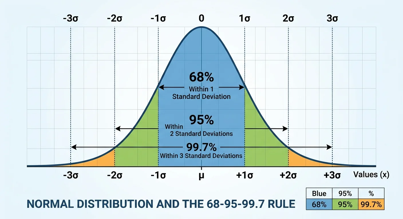 Normal distribution bell curve showing the 68-95-99.7 empirical rule