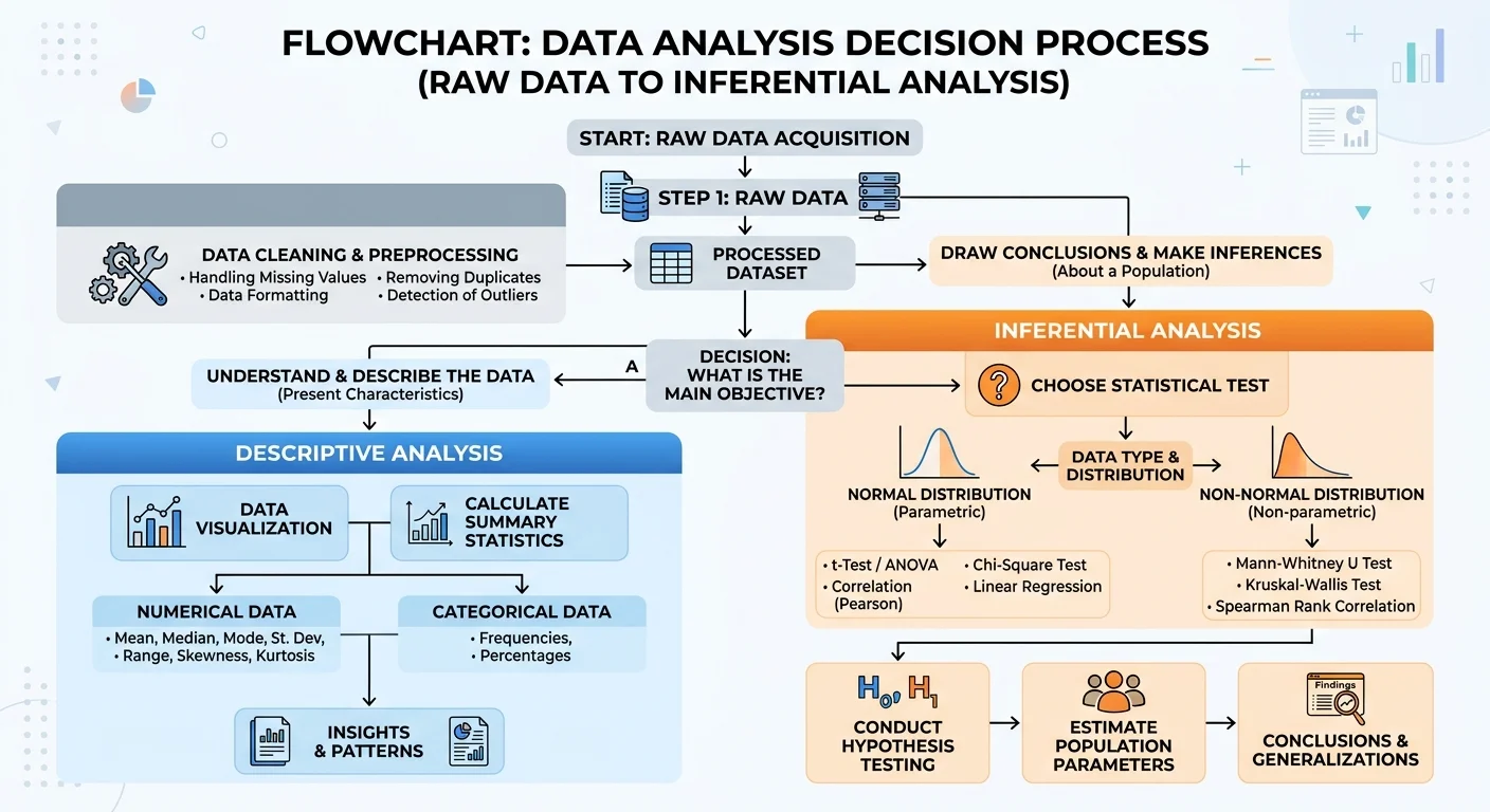 Flowchart illustrating data analysis decision process for beginners