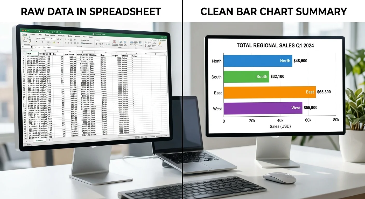Comparison of raw data versus visual chart summary for data analysis